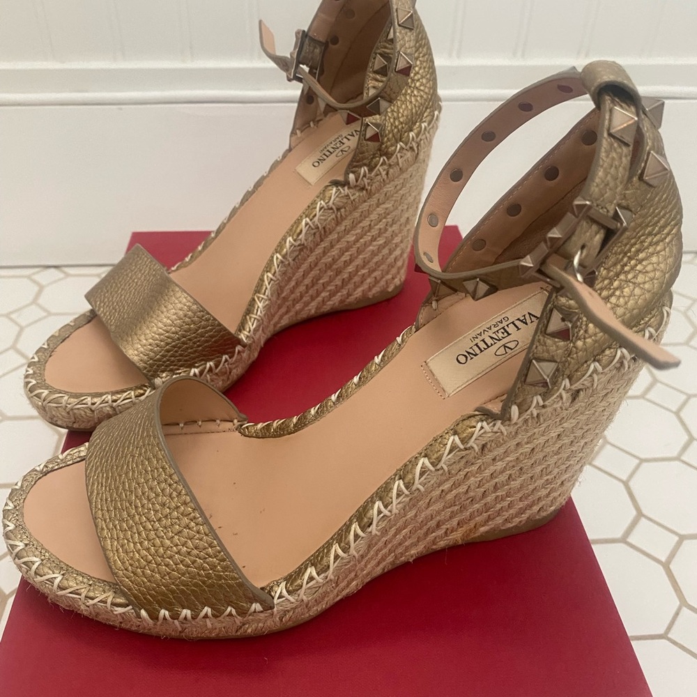 Valentino Gold Wedge Ankle Strap Sandals